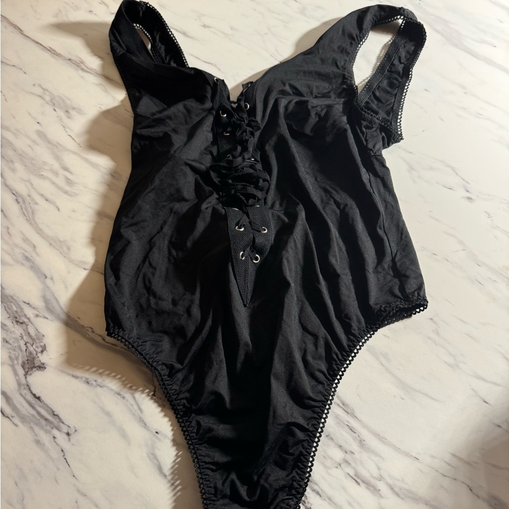Victoria's Secret Black Lace Up Thong Bodysuit